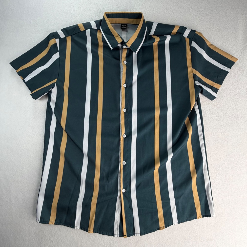 SHEIN Mens XL Short Sleeve Button Down Shirt Green Yellow White Striped Casual